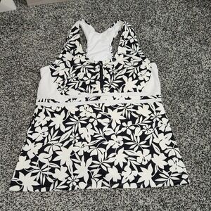 Lands End Chlorine Resistant Zip Front Bra Tankini Black White Floral Sz L 14/16